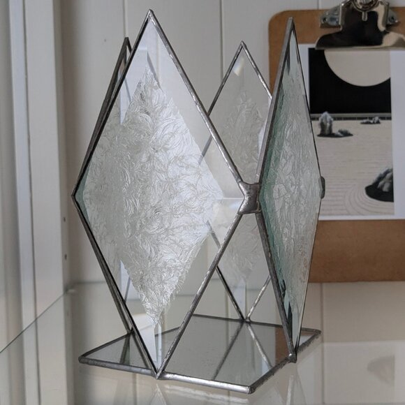 Vintage Clear Beveled Stained Glass Candle Holder/7" - Picture 2 of 6
